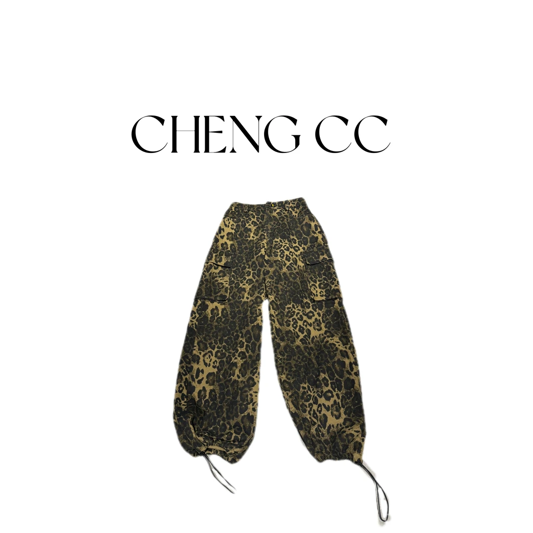 p4202 CC推荐 个性豹纹牛仔工装休闲阔腿裤