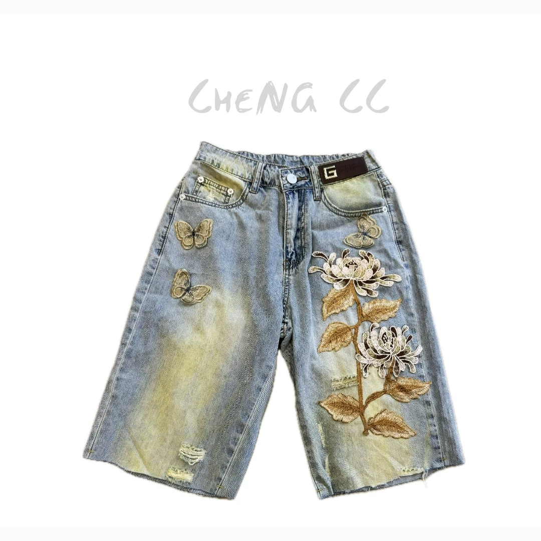 w2419 CC推荐 做旧复古刺绣荷花破洞牛仔中裤