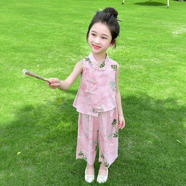 女童国风套装夏季2025新款中式汉服无袖儿童女宝古风阔腿裤两件套
