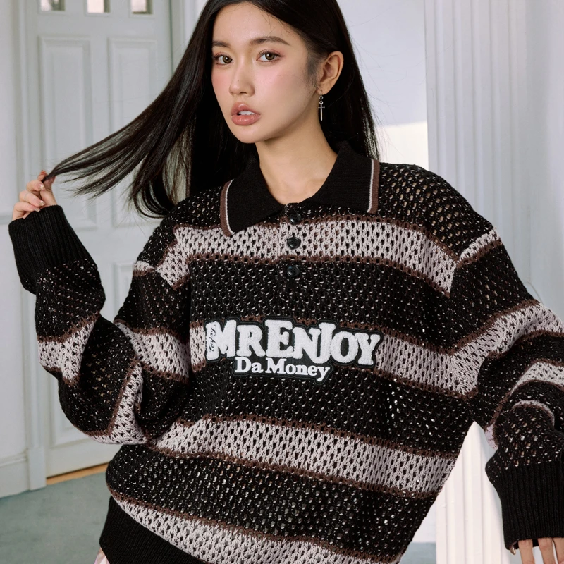 MEDM 25FW镂空条纹针织休闲POLO衫男女情侣款春秋季宽松翻领上衣