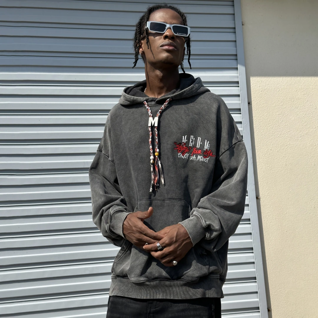 MEDM23FW M扣编织绳连帽卫衣男春秋季国潮设计感街头复古休闲帽衫