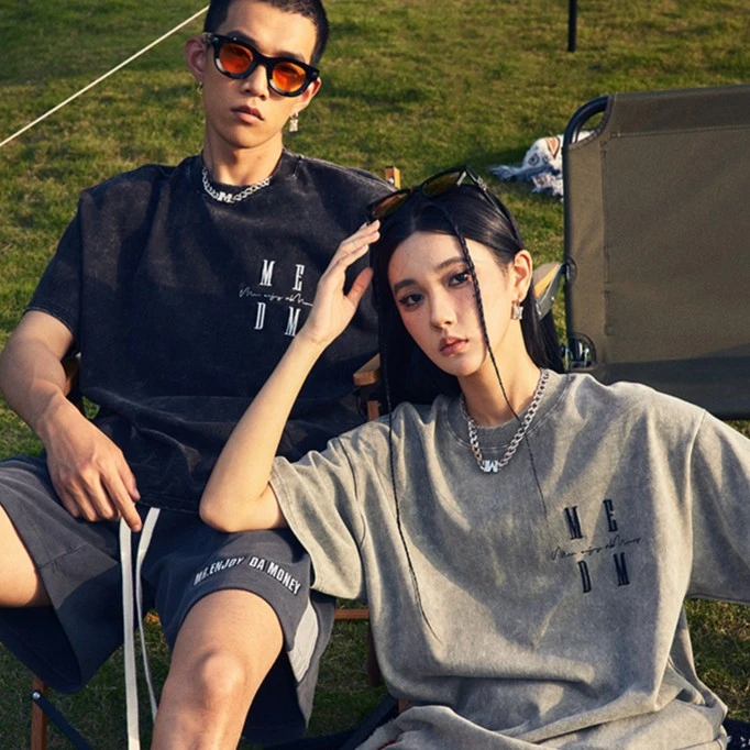 MEDM潮牌美式做旧复古字母短袖T恤男女夏季宽松情侣款体恤衫上衣