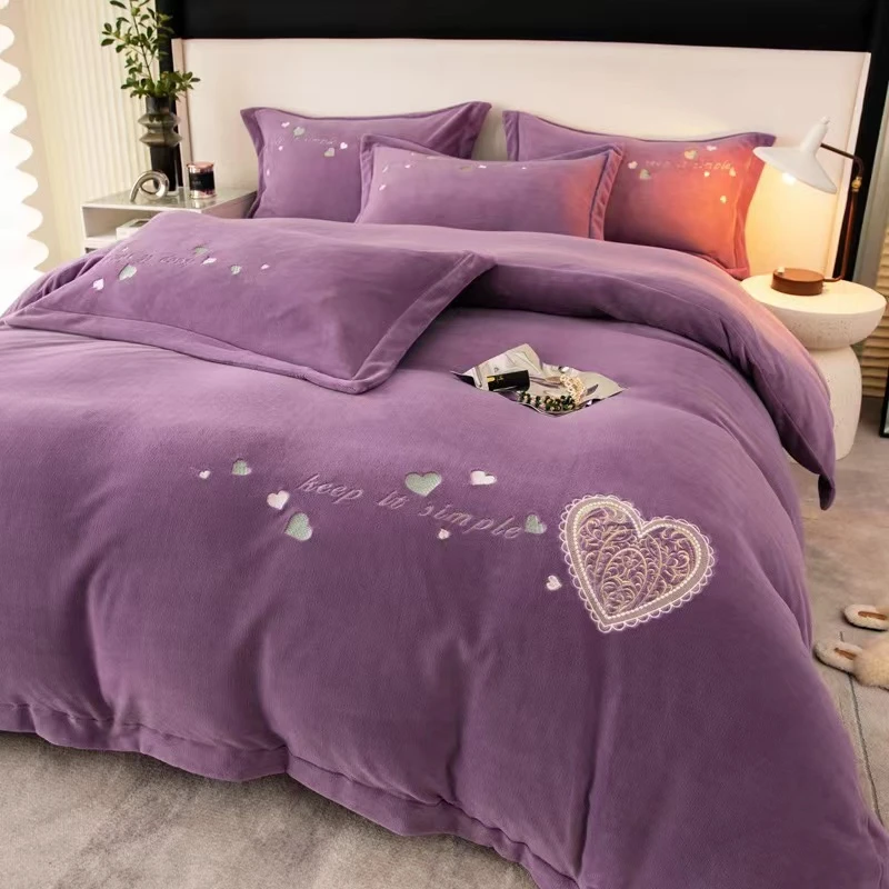 水星系列高端家纺加厚高克重保暖绣花牛奶绒四件套冬季新款