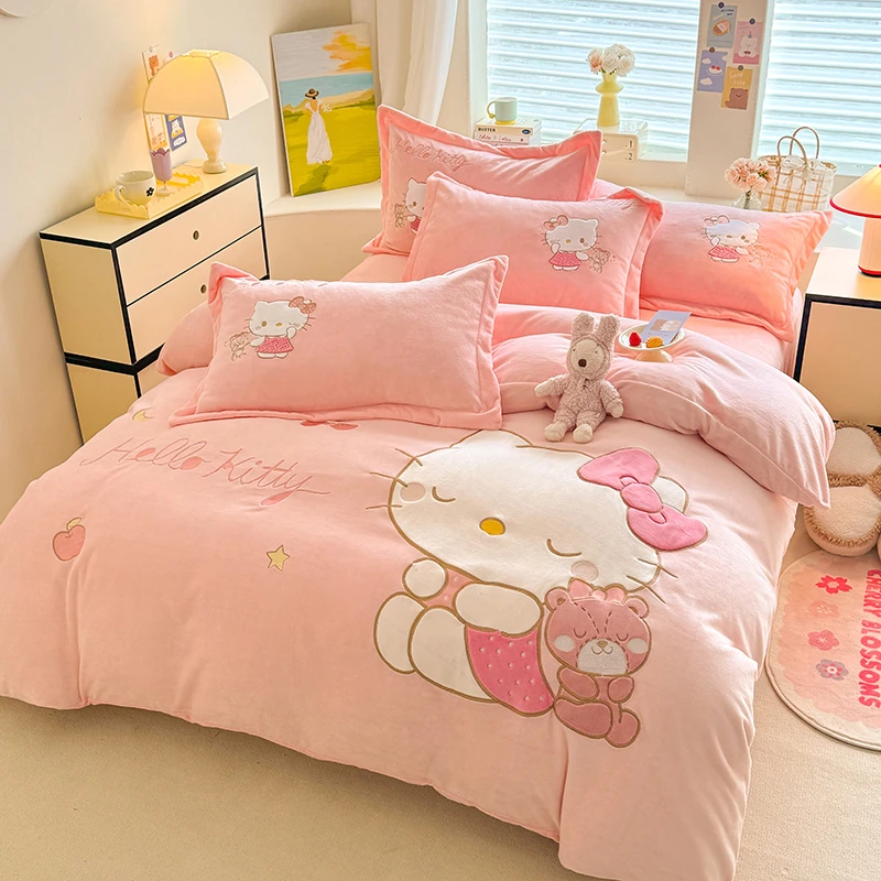 水星系列高端家纺牛奶绒四件套A类加厚加绒刺绣被套床单珊瑚绒法