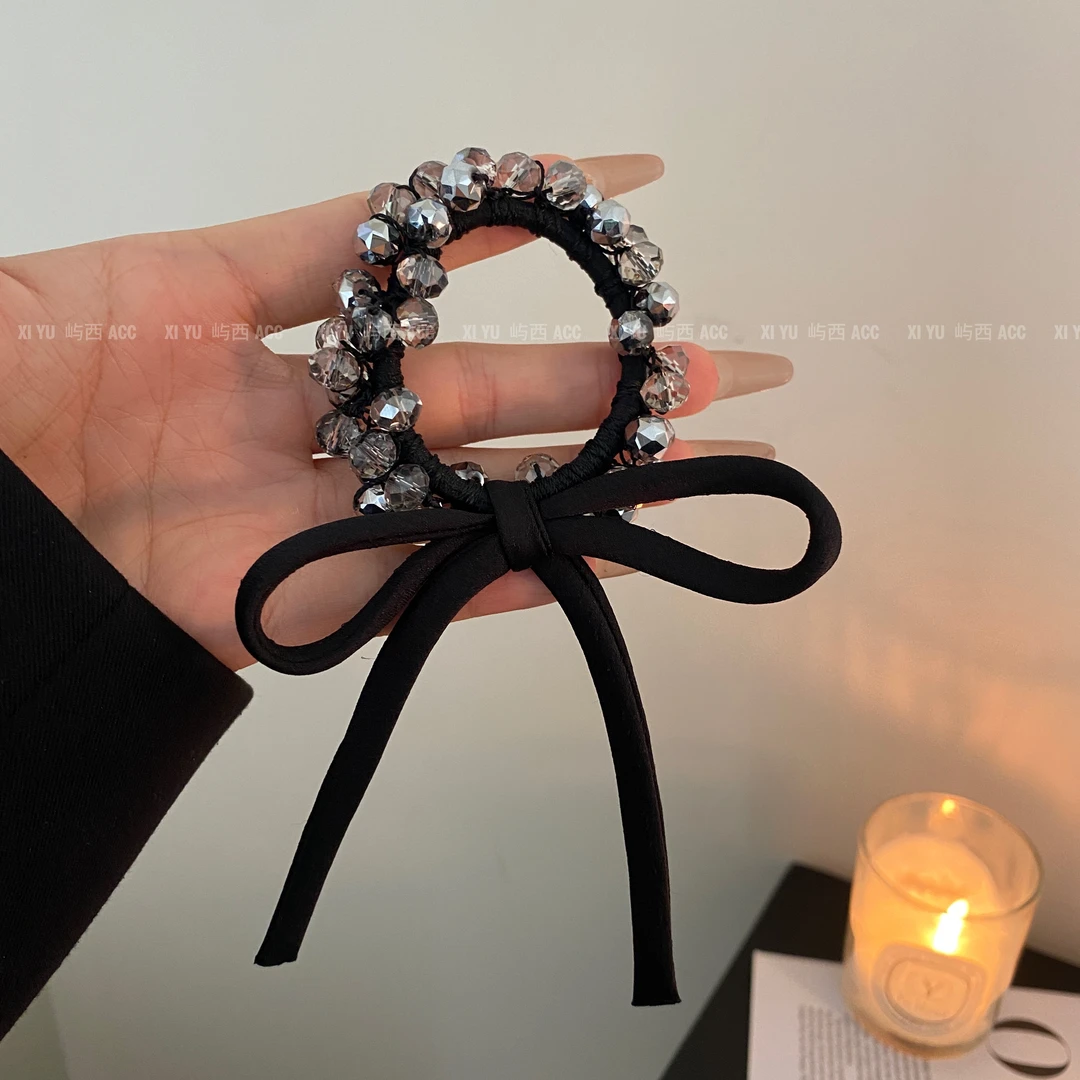 韩版不灵闪闪小众设计发圈串珠水晶蝴蝶结飘带百搭头绳新款发绳女