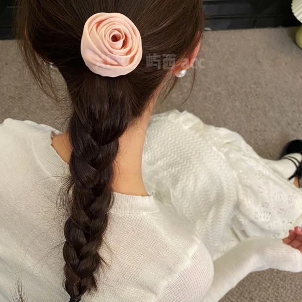 屿西 手作玫瑰法式复古缎面发圈少女立体高级感花朵发绳百搭头绳