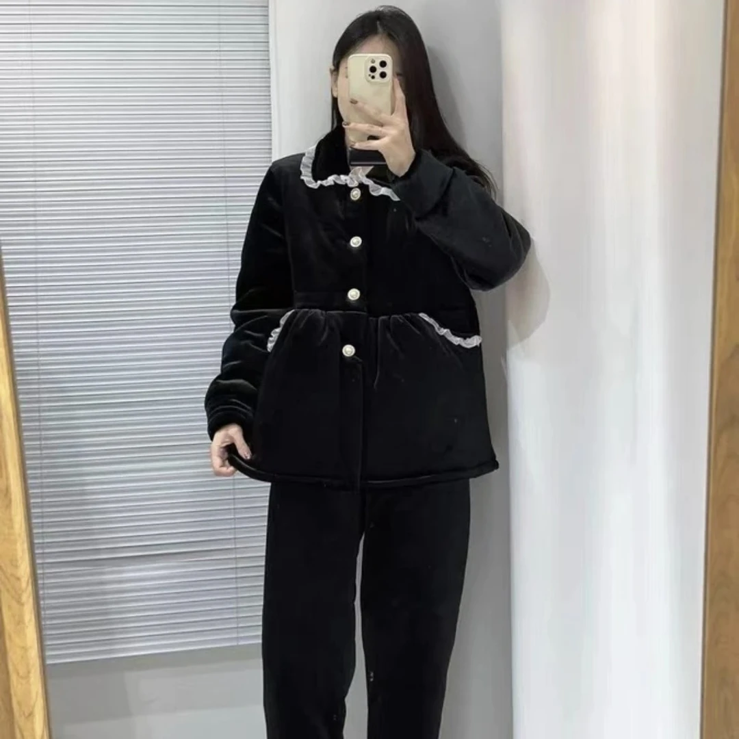 冬季新款金丝绒包边款三层加绒加厚可外穿家居服睡衣套装女