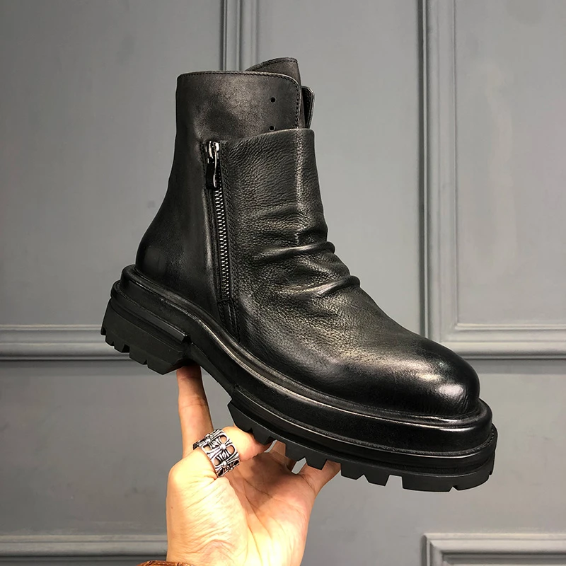 欧洲站夏季马丁靴男靴2025新款真牛皮厚底短靴一脚蹬休闲切尔西靴