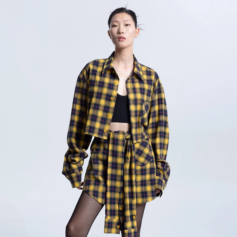LEDIM WANG格纹高腰衬衣/衫袖半裙时尚复古衬衫