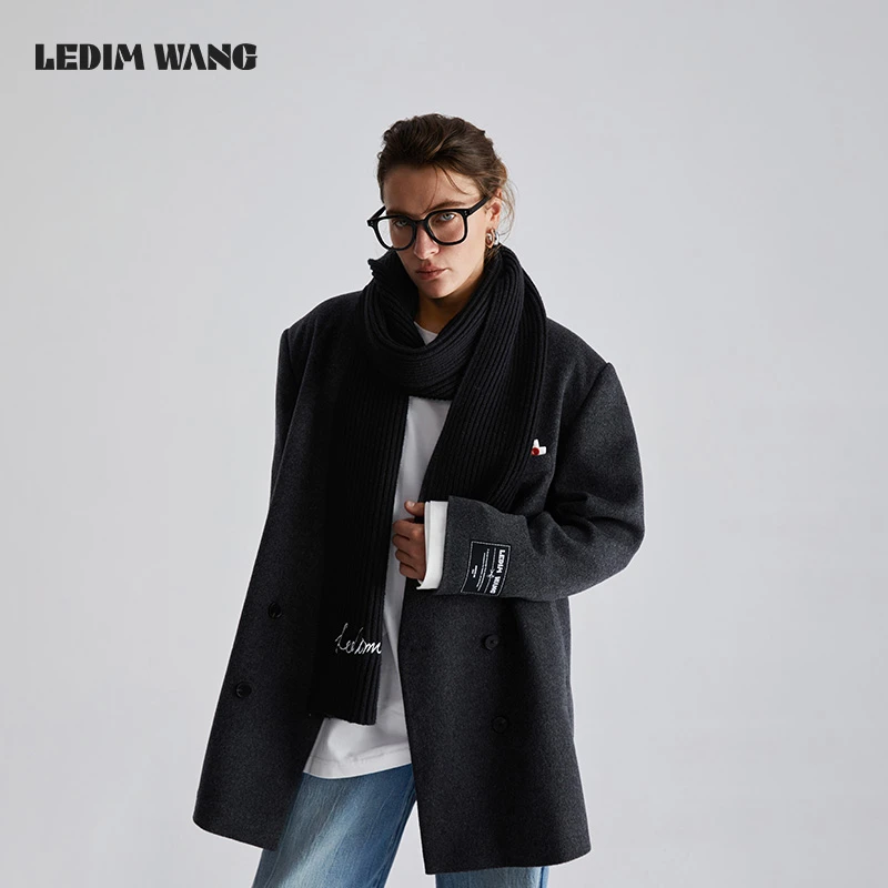 LEDIM WANG双袖单面西装外套女2024秋季新款无领绵羊毛西服上衣