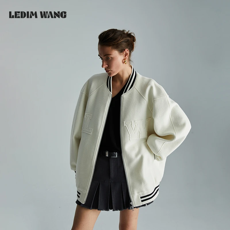 LEDIM WANG美式刺绣棒球外套女2024秋季新款高级感绵羊毛宽松夹克