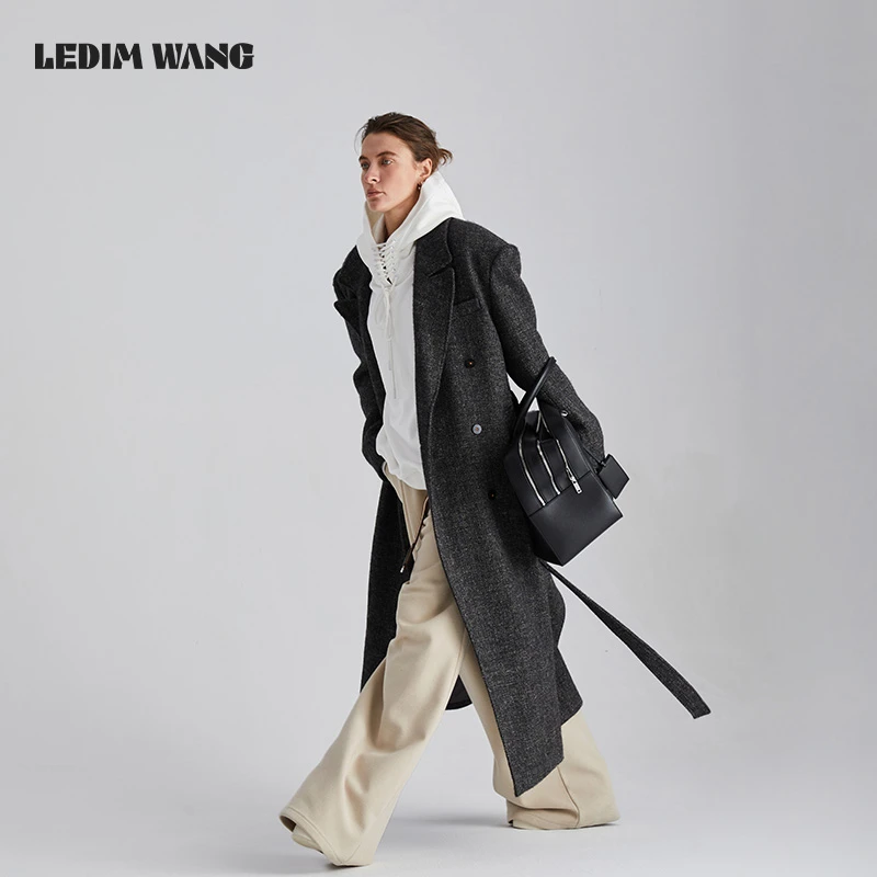 LEDIM WANG麻灰色长款大衣女2024秋季新款高级感气质长款大衣