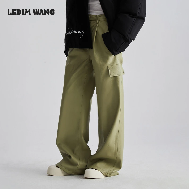 LEDIM WANG立体袋阔腿休闲裤女2024秋季新款柔软亲肤豆绿色皮裤