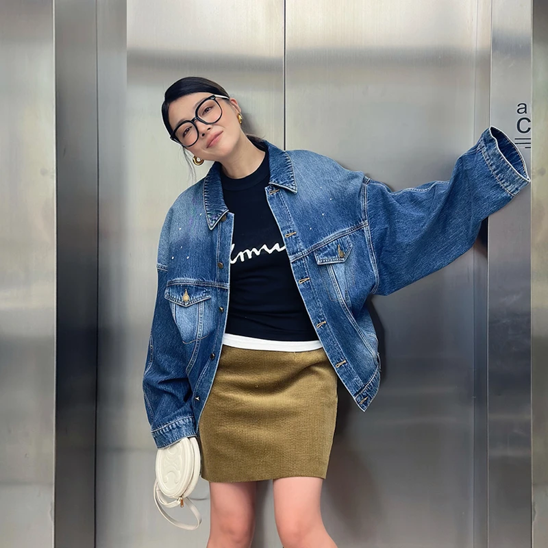 LEDIM WANG解构喷墨牛仔外套女2024秋季新款小众设计感复古风上衣