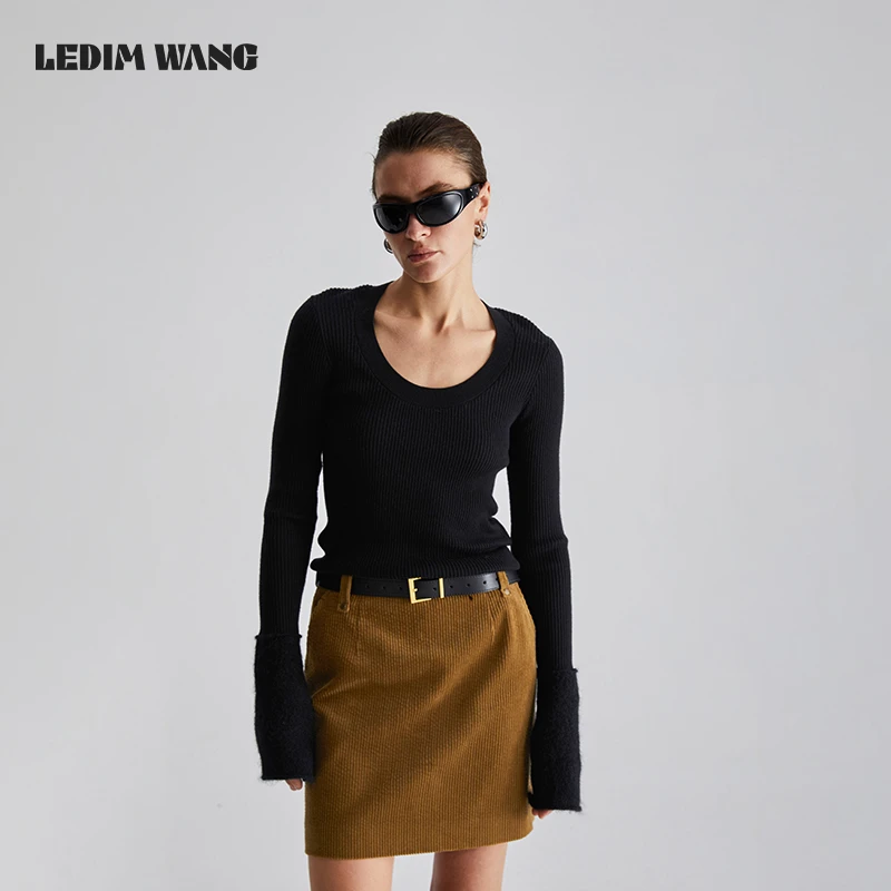LEDIM WANG喇叭袖针织毛衣女2024秋季新款设计感黑色软糯舒适内搭
