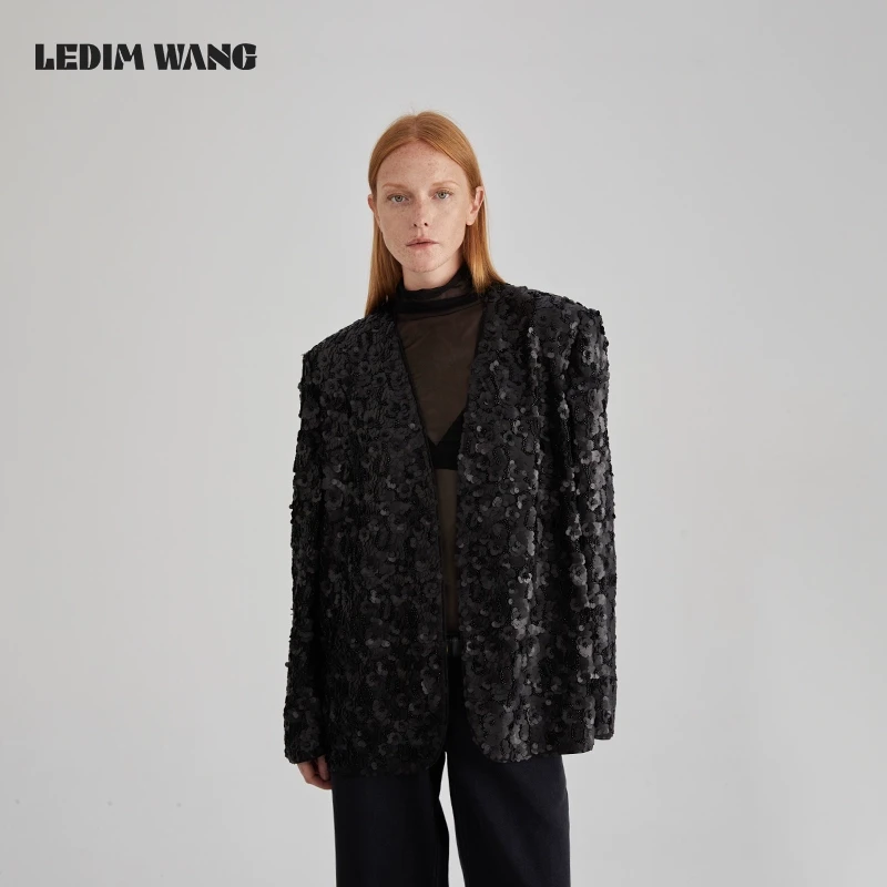 LEDIM WANG【孙怡同款】黑白双色立体山茶花珠片无领外套女冬季