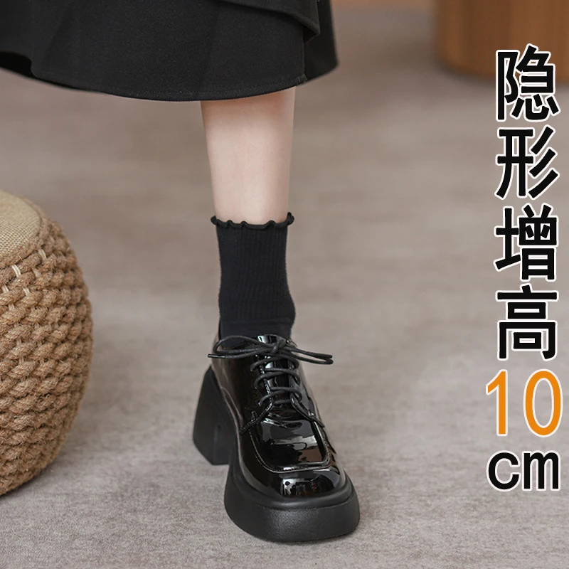 内增高小皮鞋女2024年新款黑色系带厚底圆头小个子百搭单鞋小码32