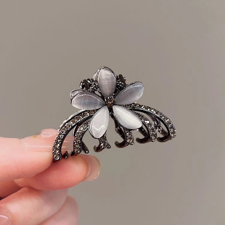 黑色气质猫眼石花朵抓夹女后脑勺半扎发夹鲨鱼夹子中号顶夹头饰女