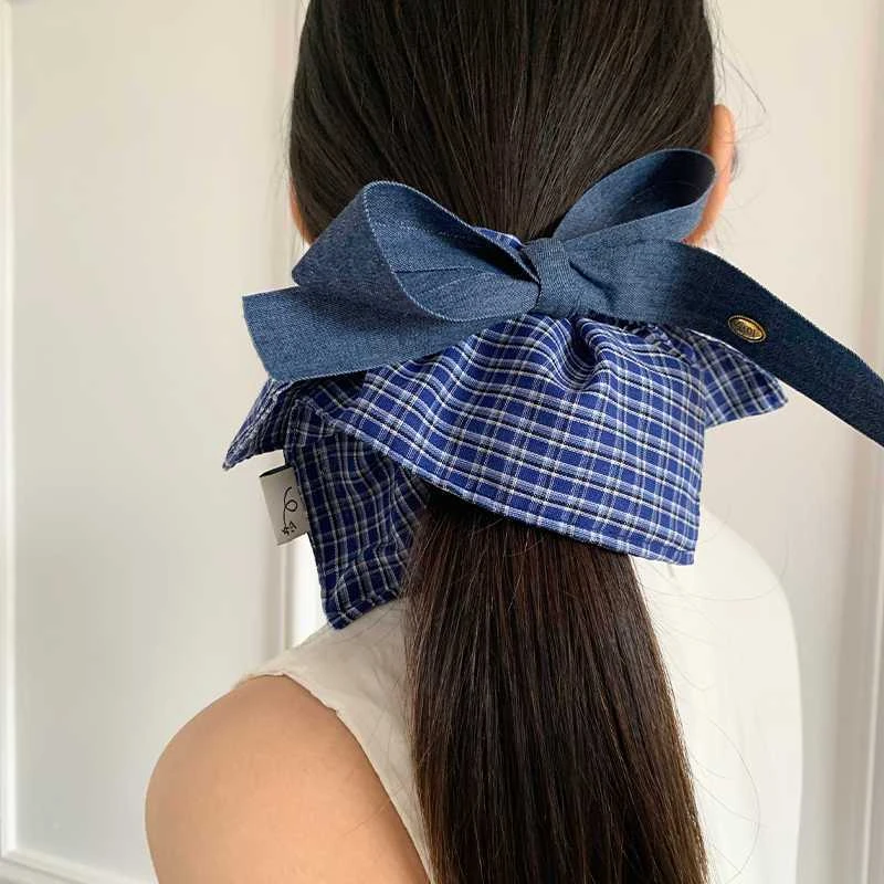 布丁牛仔~韩系蝴蝶结格子方巾大肠发圈女高级感方形发饰头绳秋冬