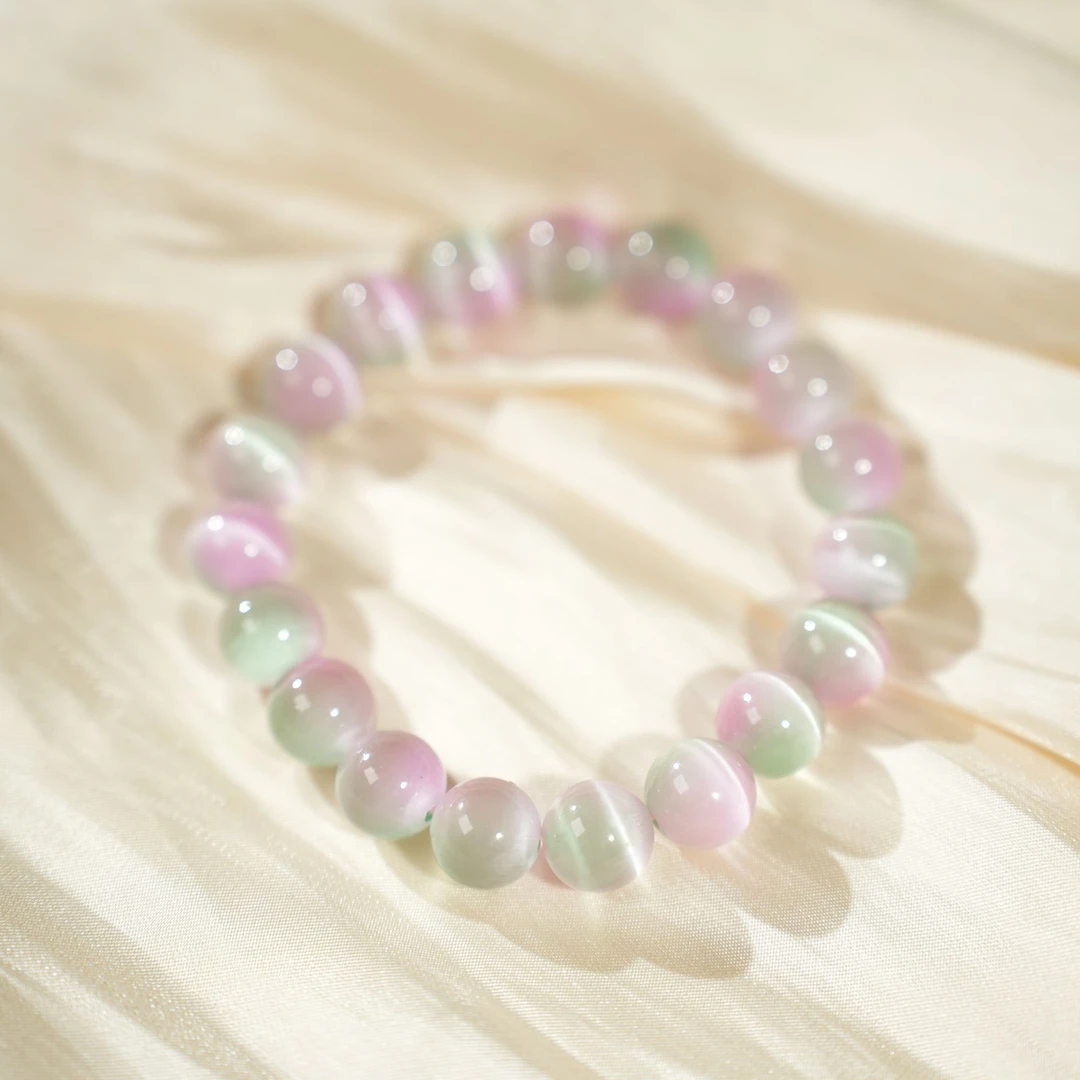 西瓜猫眼石手链时尚渐变碧玺手串单圈糖果色水晶饰品高级感串圆珠