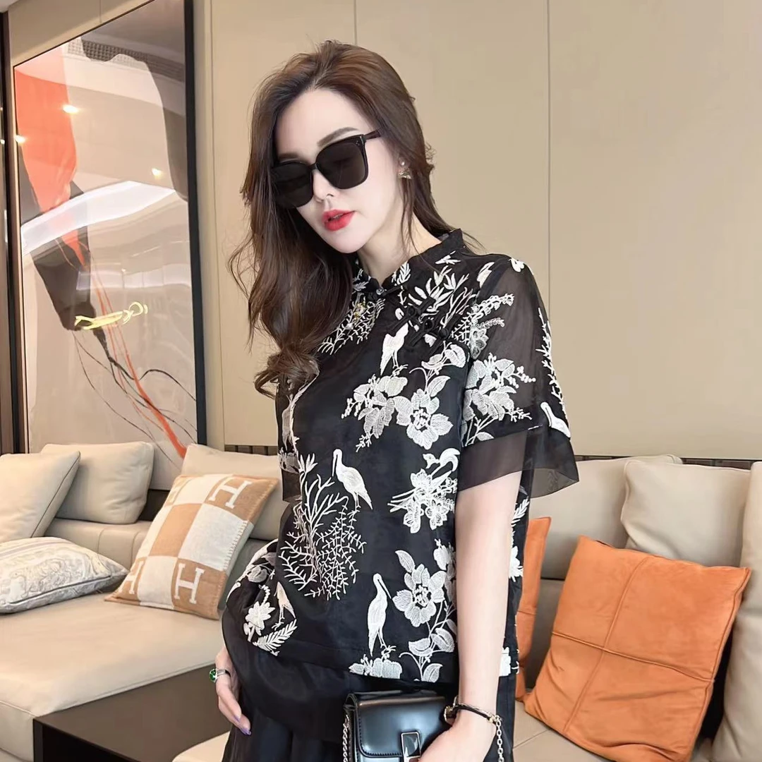 XiaoF-【江南花间】新中式夏季时尚轻奢万针刺绣提花显瘦上衣