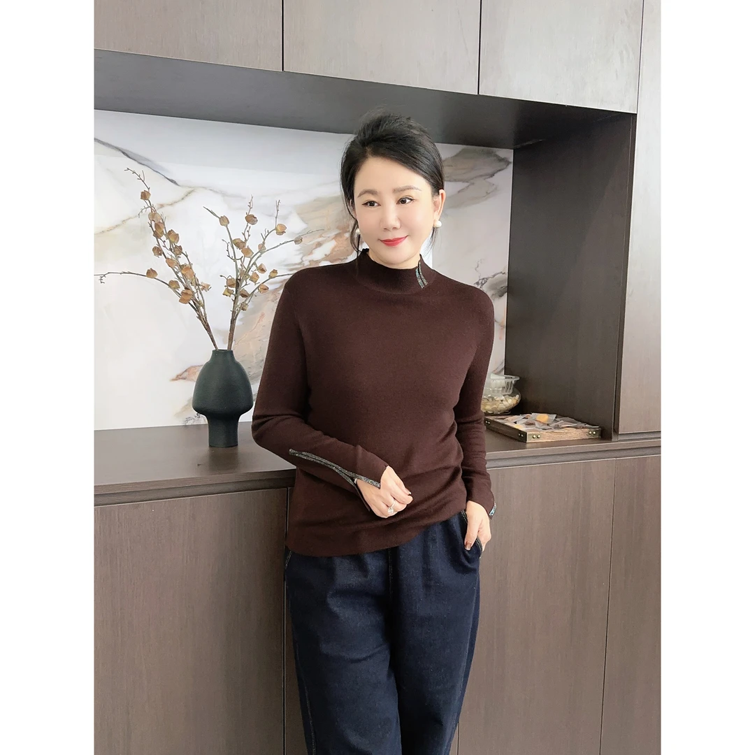 微胖女装【艺术之旅】烫钻半高领T恤长袖打底衫2024新款上衣9898