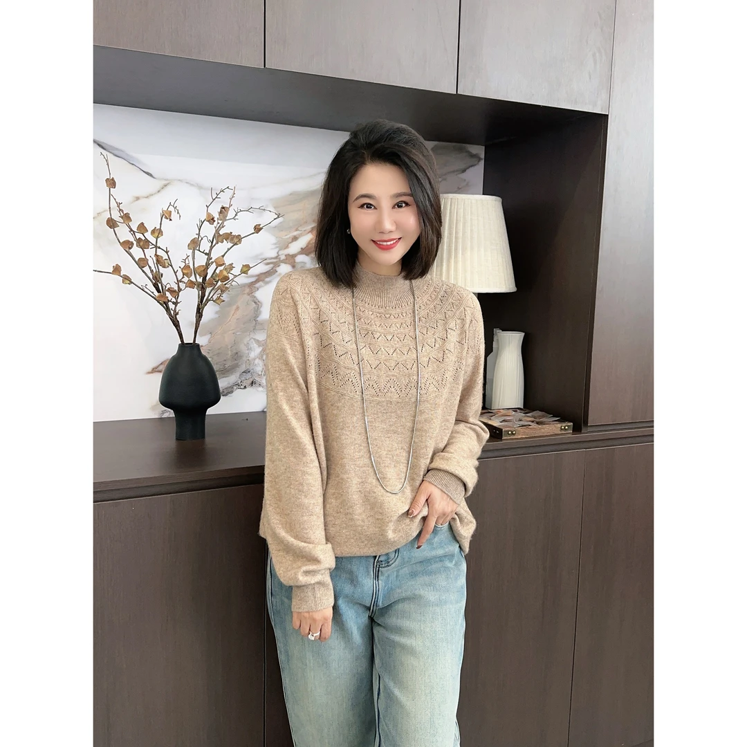 微胖女装【天衣无缝】绵羊毛花针半高领一体无缝显瘦上衣87781