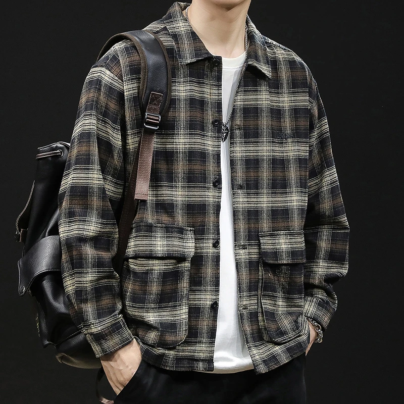 皮尔卡丹秋季格子衬衫男春秋美式潮牌多口袋男士休闲工装外套衬衣