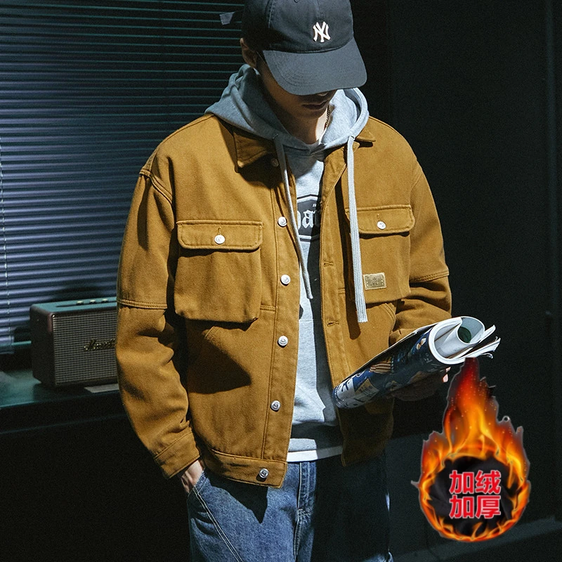 传奇保罗春秋冬工装夹克男生宽松休闲日系潮牌加绒加厚痞帅外套男