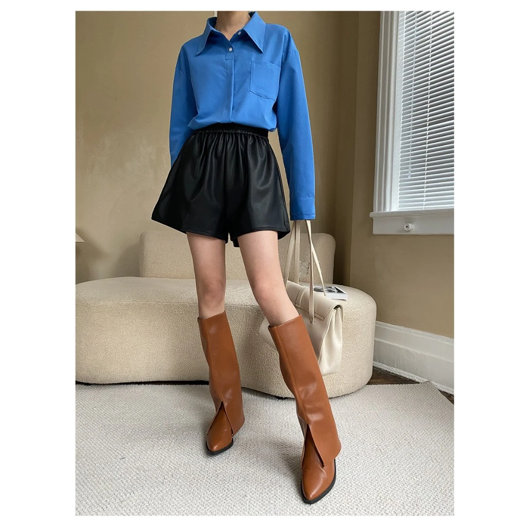 LYB STUDIO 【印象派大师】好质感蛋白皮 A字阔腿松紧短裤#2687