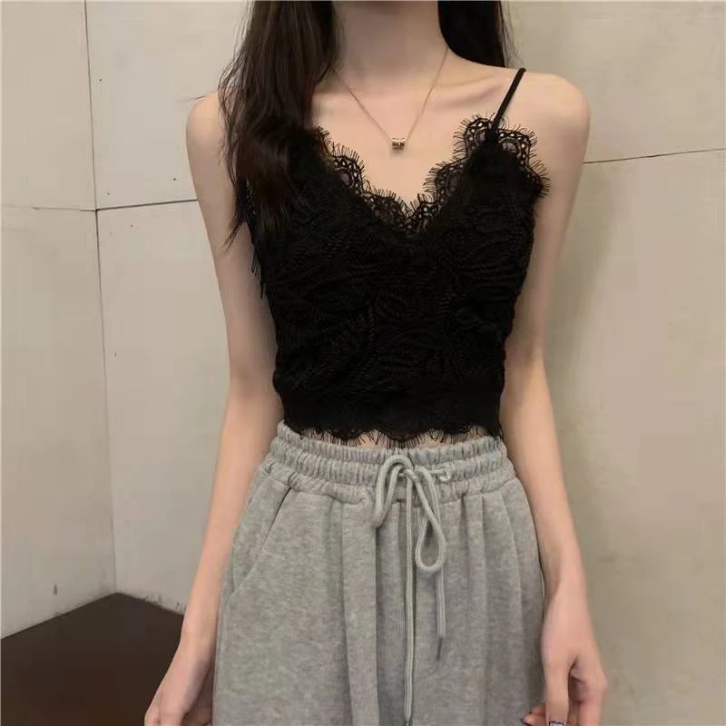 LYB 法式蕾丝吊带背心修身美背小众性感外穿夏季短款黑色打底