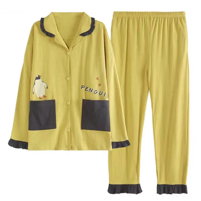 卡通印花！质感压褶工艺！女士翻领开襟款居家服套装Z0668