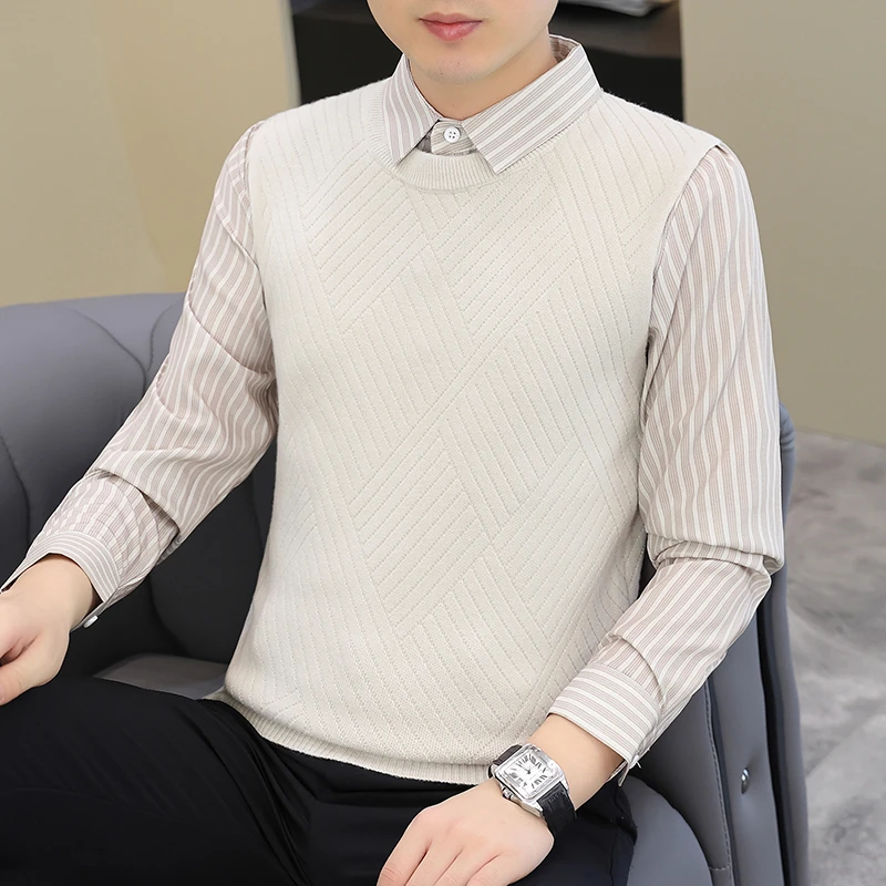 假两件毛衣男士秋冬季新款翻领针织衫男士保暖上衣服时尚修身毛线