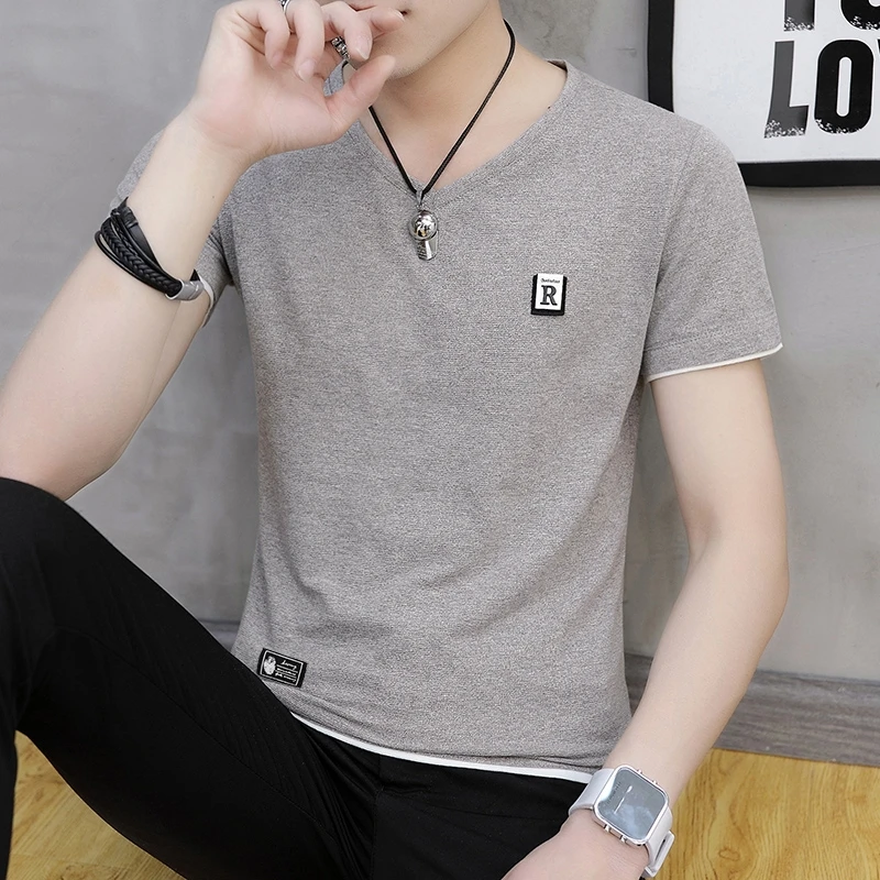 v领短袖t恤男士2024新款鸡心领半袖男装上衣服潮流修身T恤男士帅