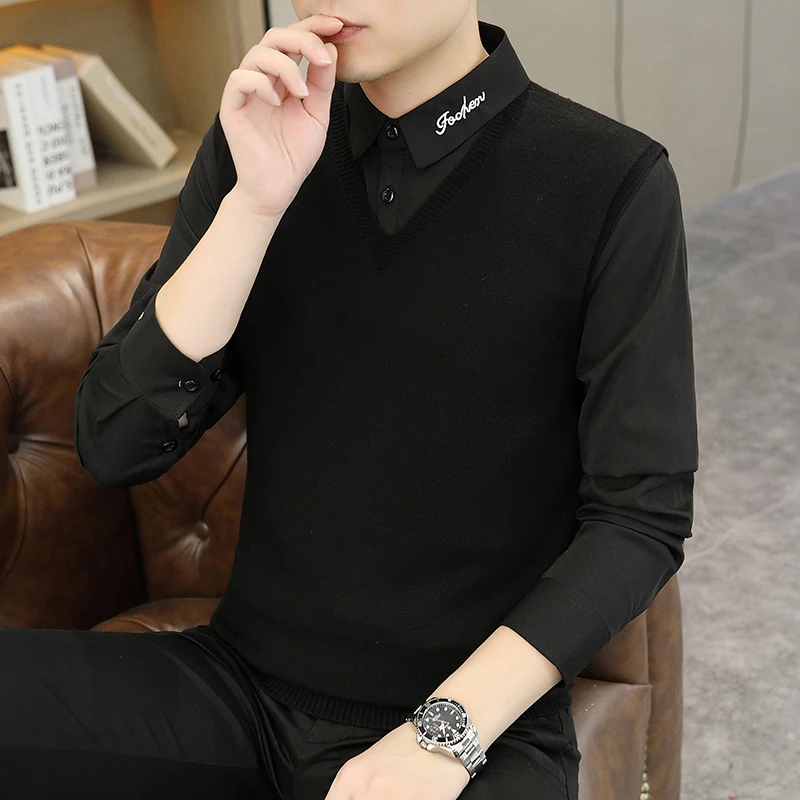 商务毛衣男士假两件针织衫男装上衣服时尚修身翻领毛线衣男士保暖