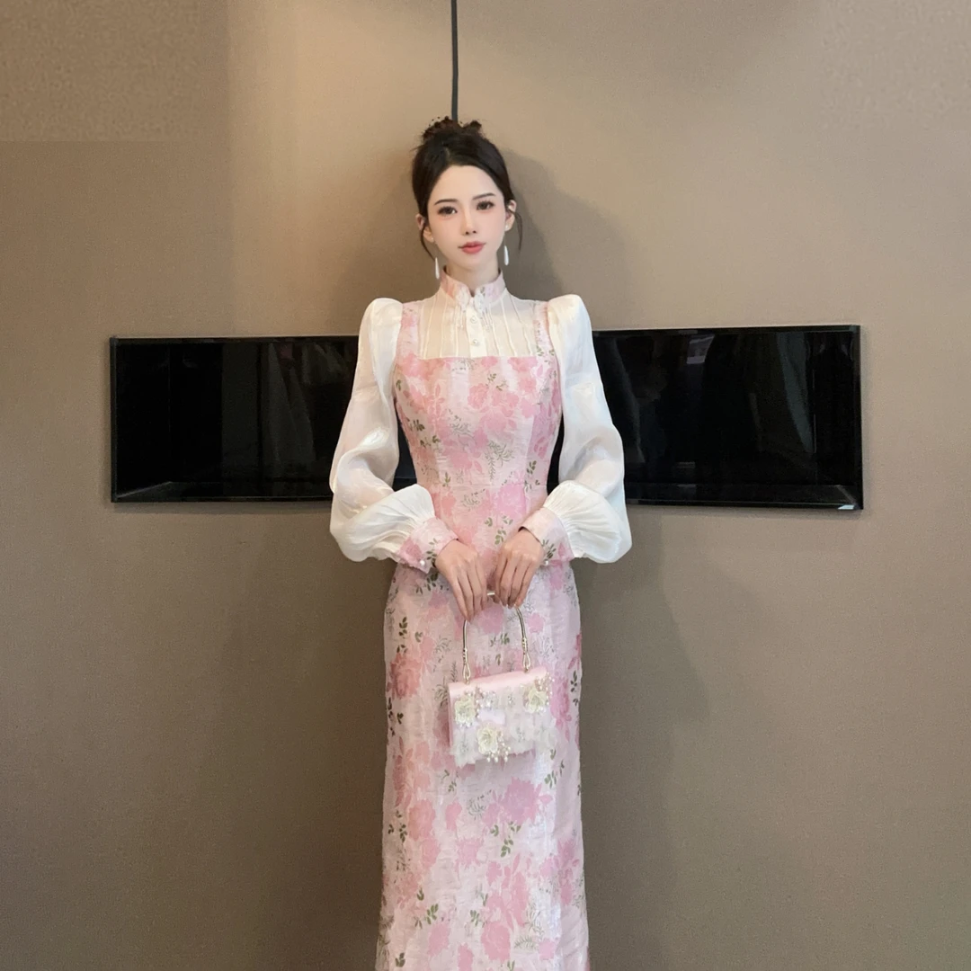 设计师时尚新款显瘦修身收腰粉色碎花拼接连衣裙80300