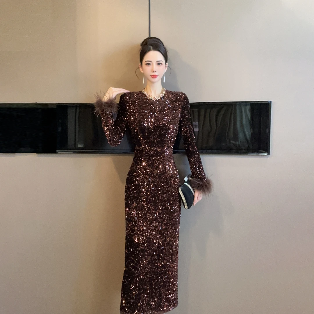 【设计师定制】新款时尚法式气质轻奢修身显瘦亮片女神连衣裙21582