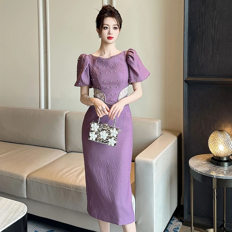 【设计师定制】高级感新款定制气质显瘦收腰圆领连衣裙21148