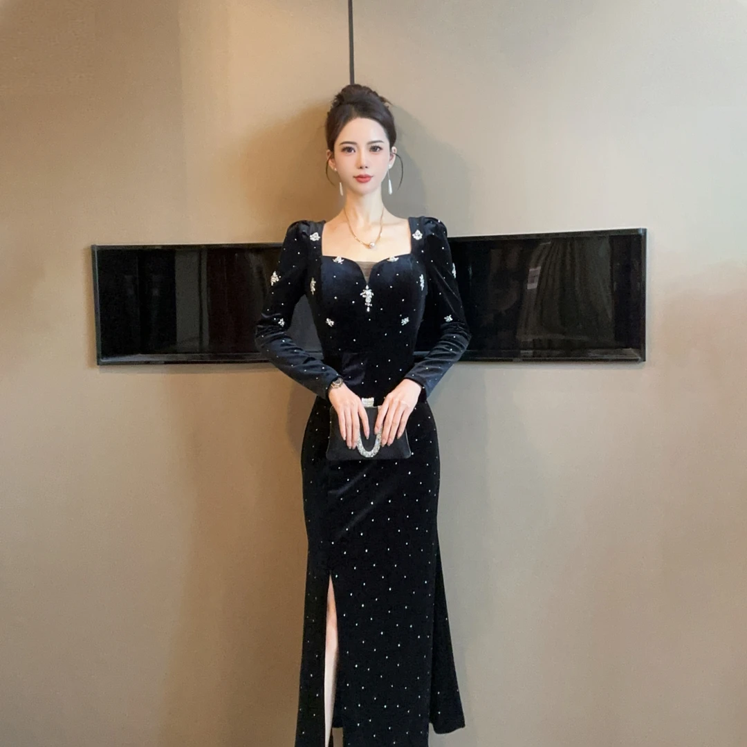 【设计师定制】新款法式复古轻奢高级感修身显瘦黑色连衣裙9781