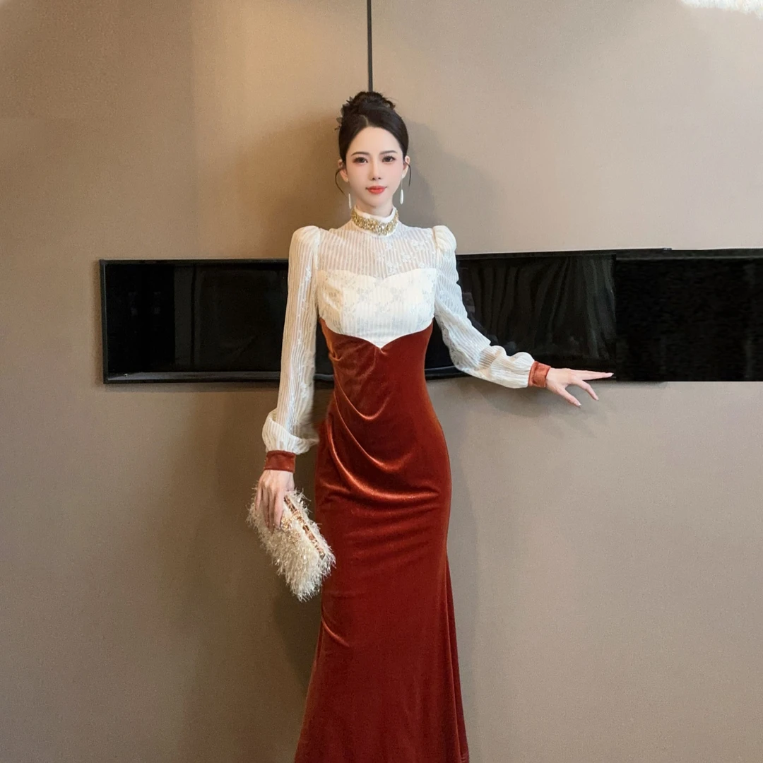 【设计师定制】秋冬新款法式时尚拼接修身显瘦优雅高级连衣裙21541