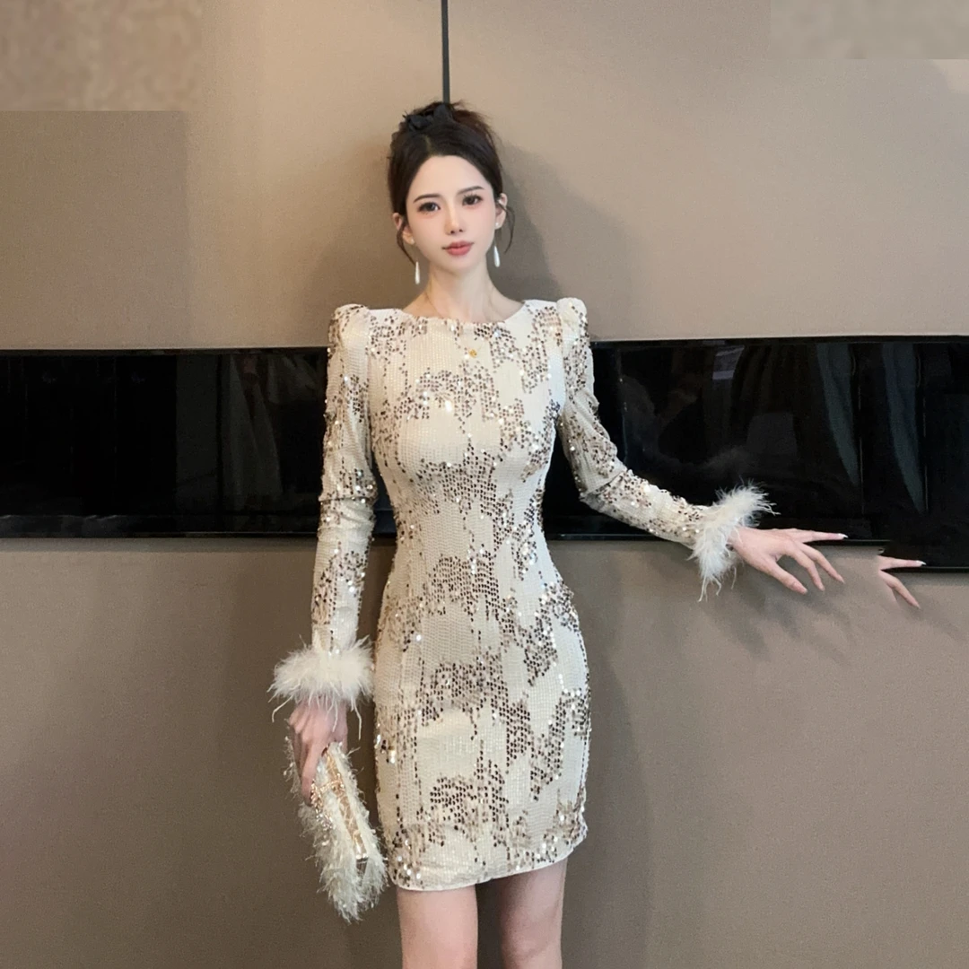 秋冬新款女装气质时尚优雅长袖收腰修身显瘦包臀连衣裙40163