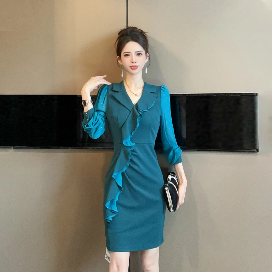 新款女神显瘦气质长袖时尚收腰修身显瘦连衣裙21027