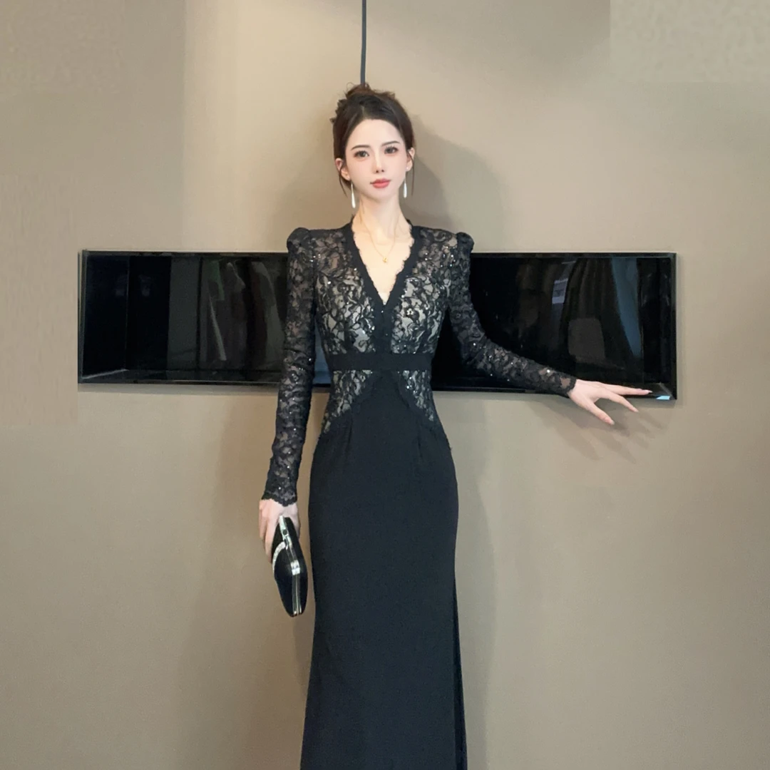 新款法式V领蕾丝秋季复古修身女神范气质收腰鱼尾长裙子 20698