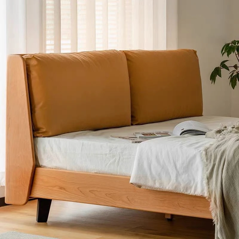 北欧软包实木床日式樱桃木主卧1.8米简约双人床+同款床垫