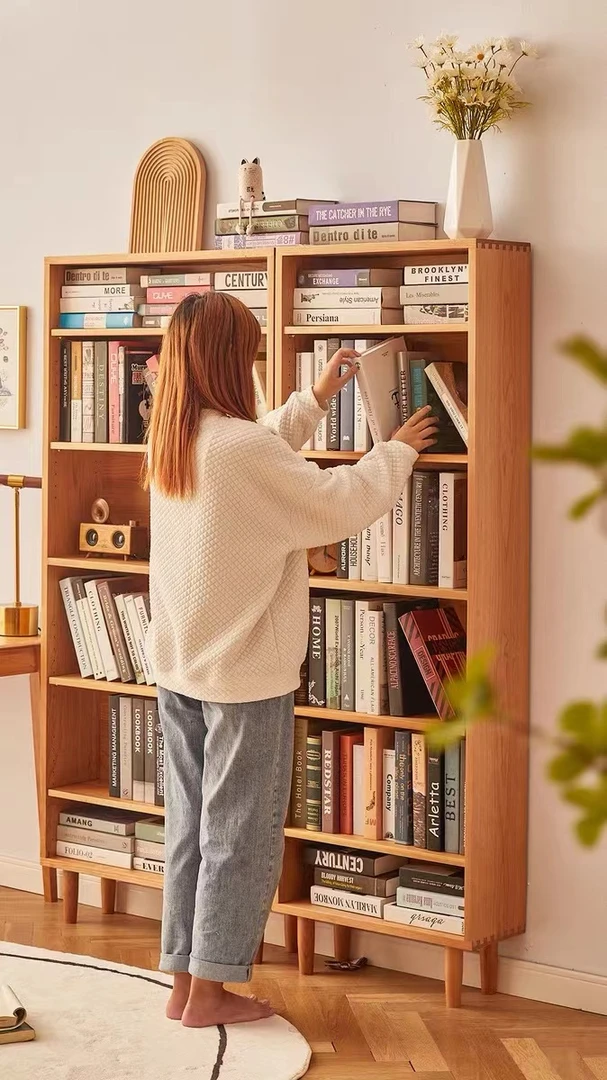 北欧实木书架日式简约樱桃木书柜多功能边柜落地置物架收纳展示柜