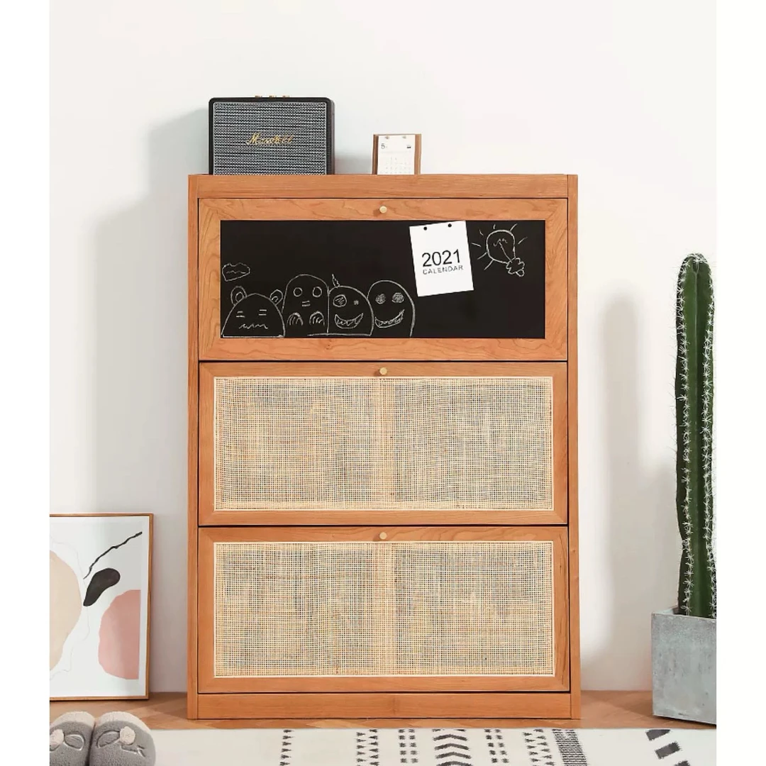 休假北欧实木鞋柜樱桃木藤编日式复古入户家具小户型收纳柜简约