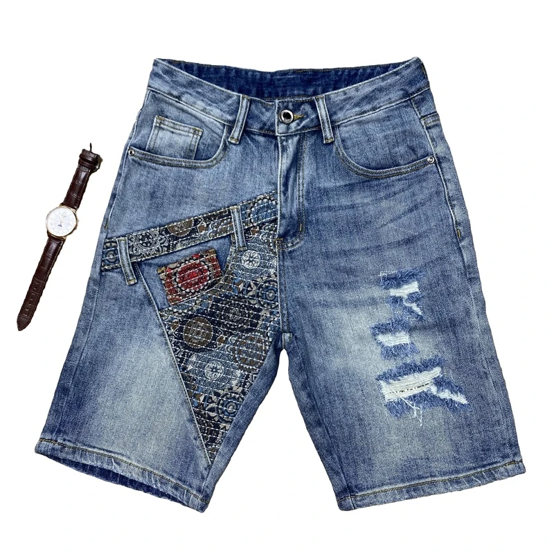 高品质潮流牛仔裤复古蓝破洞补丁刺绣牛仔短裤男直筒百搭五分中裤