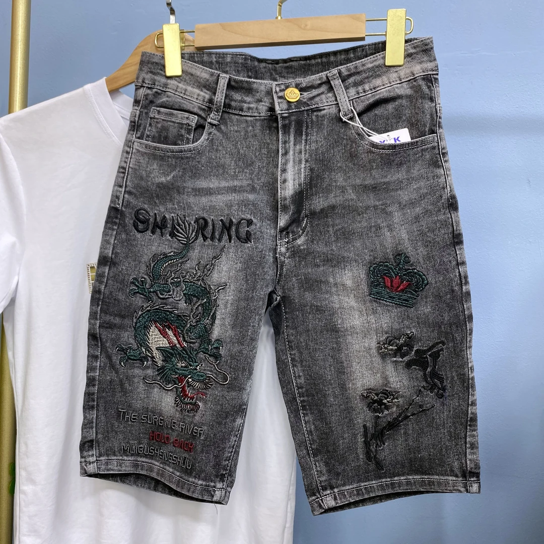 高端欧货潮牌重工刺绣补丁牛仔短裤男士印花中裤休闲外穿五分裤男