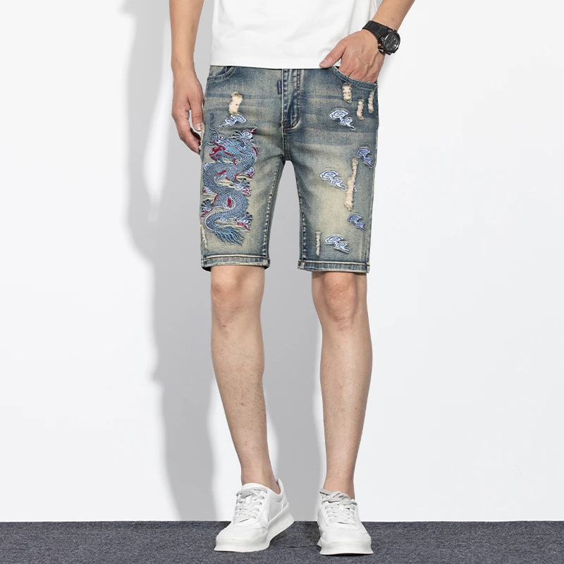 夏季复古牛仔短裤男潮牌重工龙绣花休闲弹力五分裤潮流中裤男830