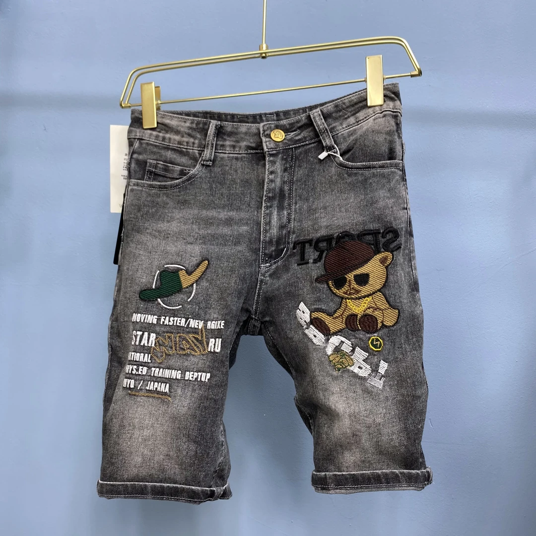 2高端欧货牛仔短裤男士印花中裤潮牌重工刺绣补丁休闲五分裤中裤
